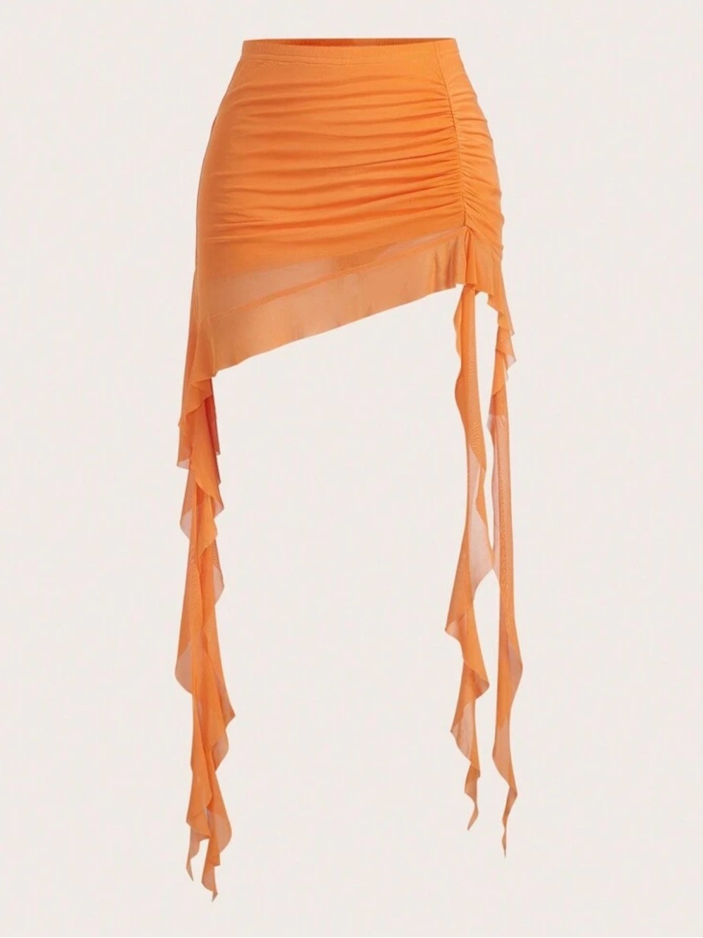 Orange Asymmetric Ruched Ruffle Mesh Skirt